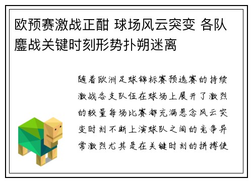 欧预赛激战正酣 球场风云突变 各队鏖战关键时刻形势扑朔迷离