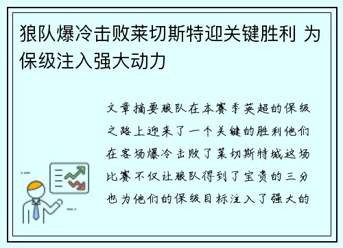 狼队爆冷击败莱切斯特迎关键胜利 为保级注入强大动力